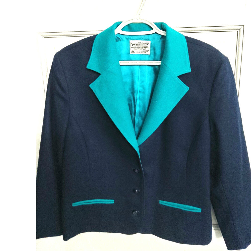 Vintage 80s  Miss Pendleton Blazer womens Navy teal virgin wool made in USA sz M